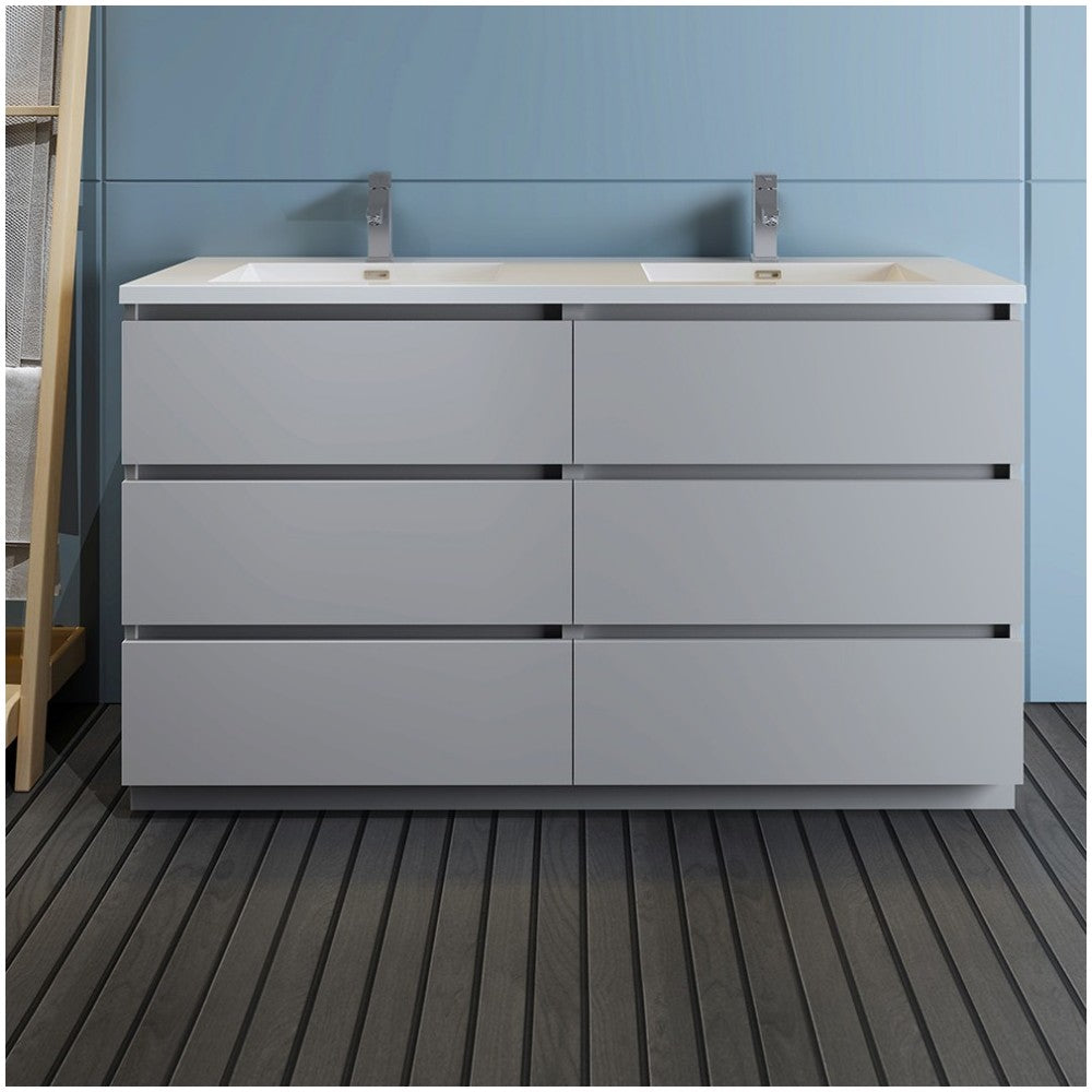 Lazzaro 60" Gray Free Standing Modern Bathroom Cabinet w/ Integrated Double Sink