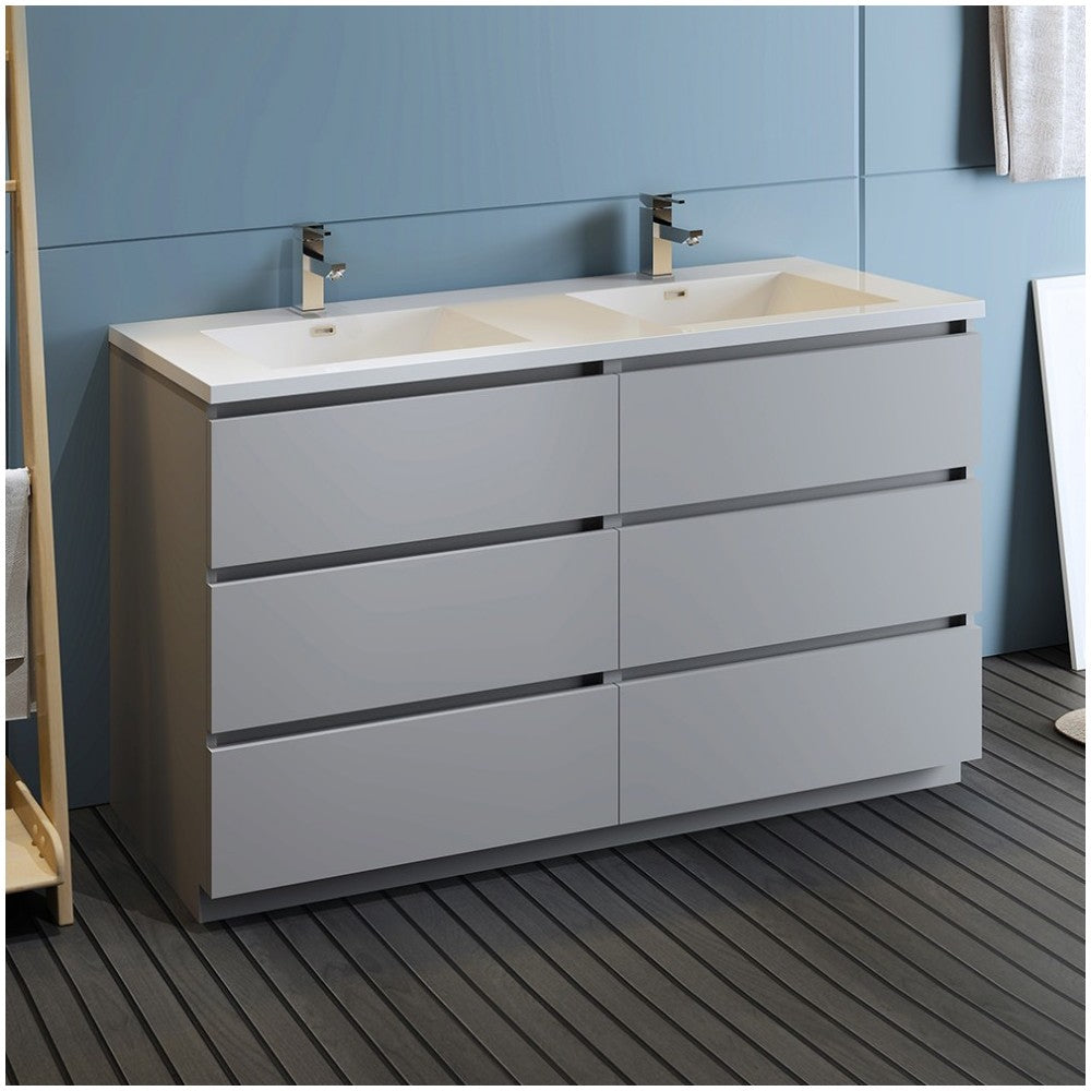 Lazzaro 60" Gray Free Standing Modern Bathroom Cabinet w/ Integrated Double Sink