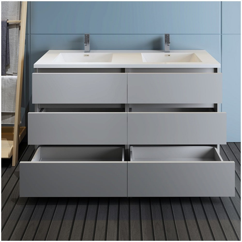 Lazzaro 60" Gray Free Standing Modern Bathroom Cabinet w/ Integrated Double Sink