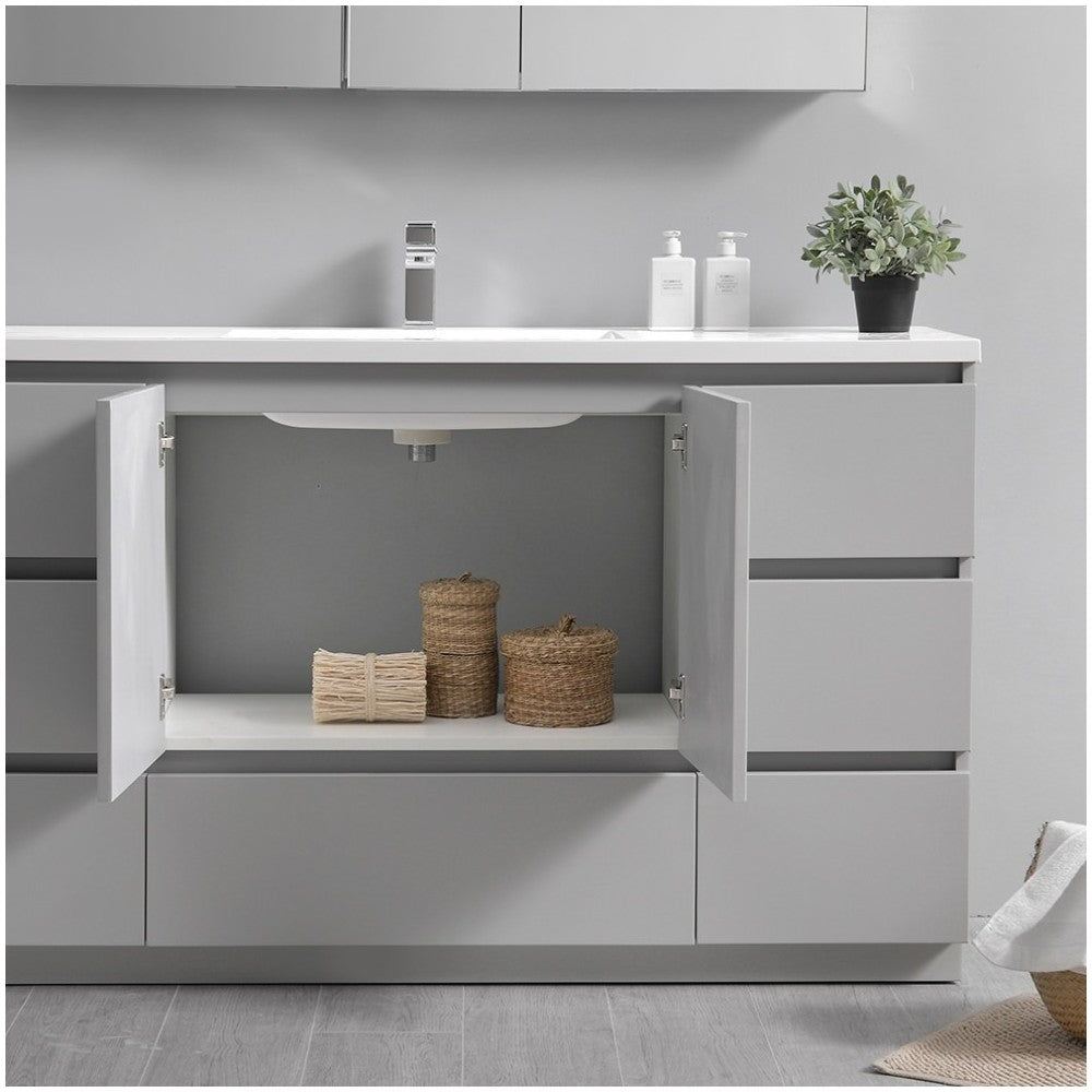 Lazzaro 60" Gray Free Standing Modern Bathroom Cabinet w/ Integrated Single Sink
