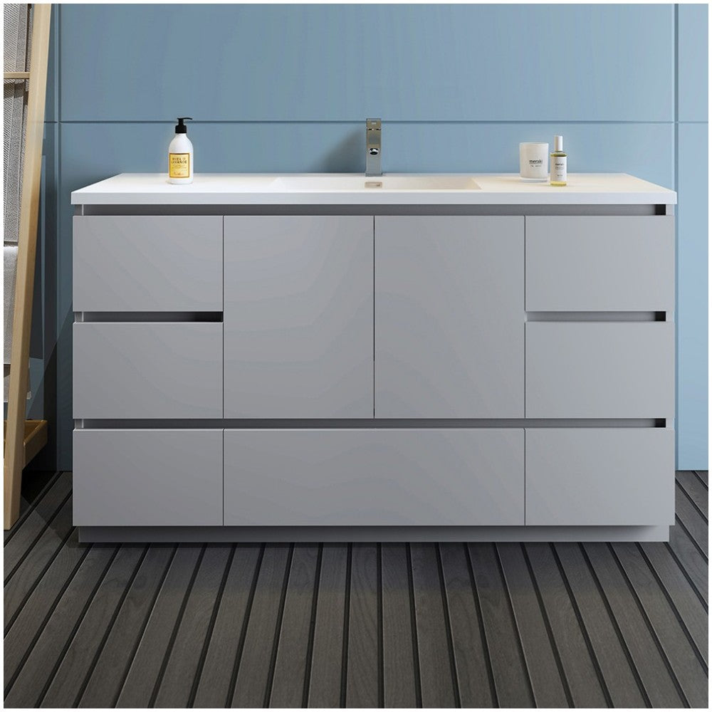 Lazzaro 60" Gray Free Standing Modern Bathroom Cabinet w/ Integrated Single Sink