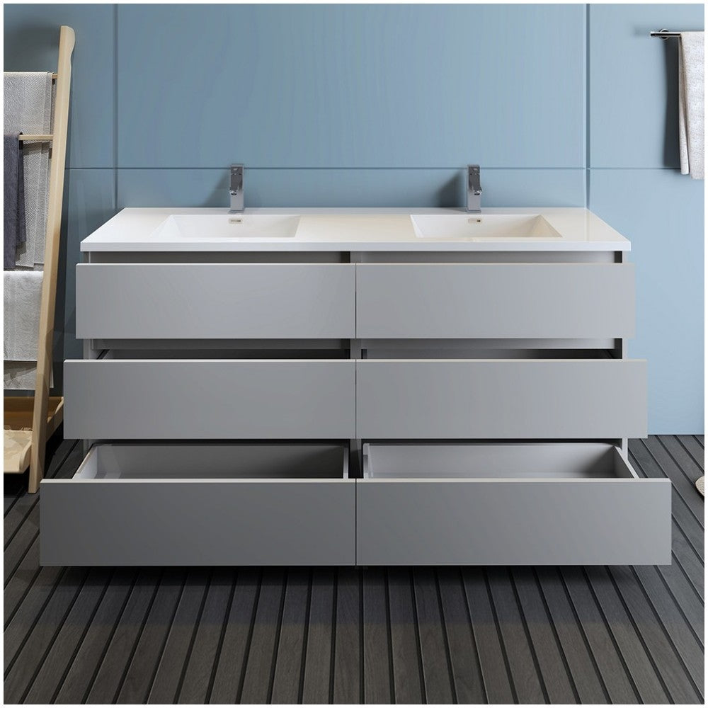 Lazzaro 72" Gray Free Standing Modern Bathroom Cabinet w/ Integrated Double Sink