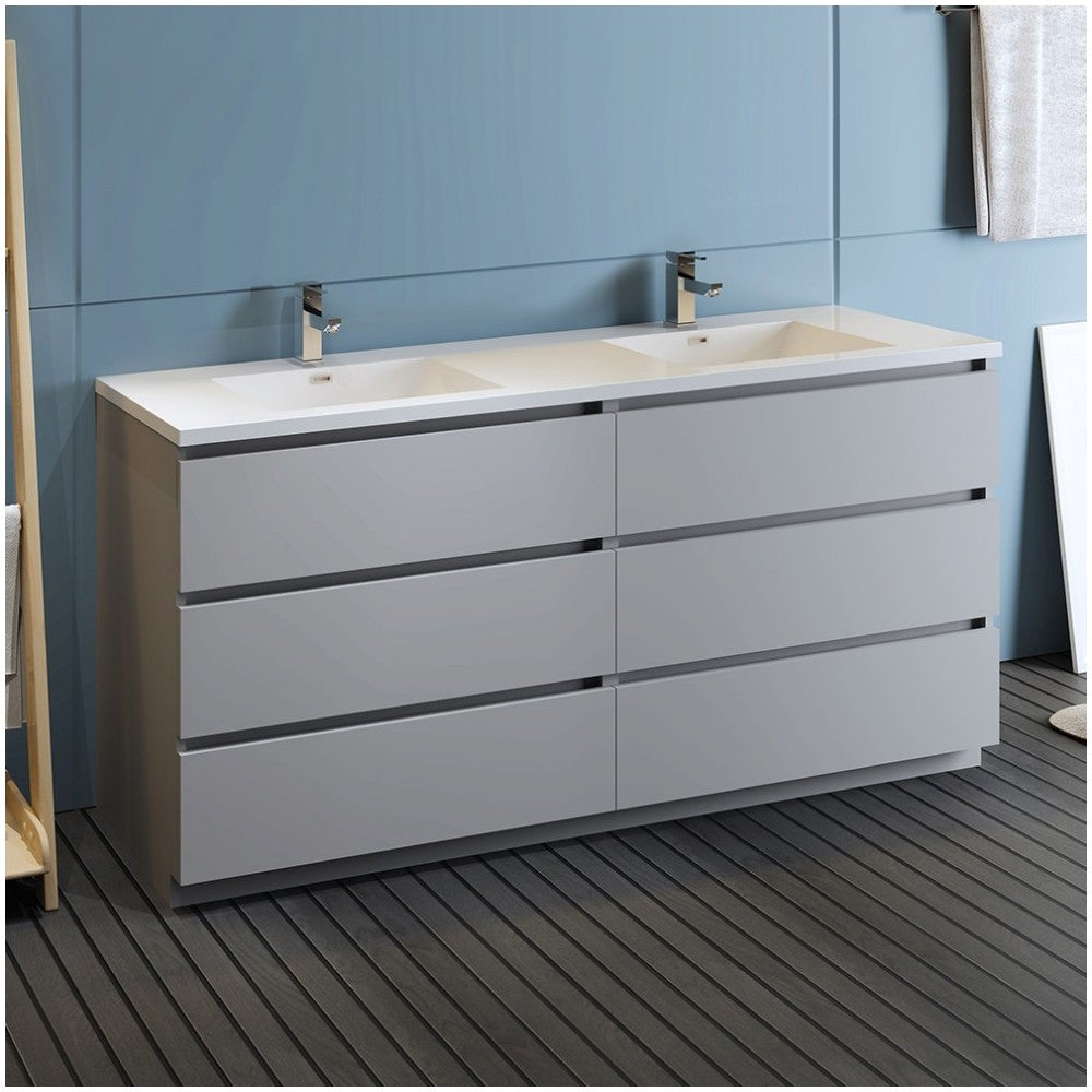 Lazzaro 72" Gray Free Standing Modern Bathroom Cabinet w/ Integrated Double Sink