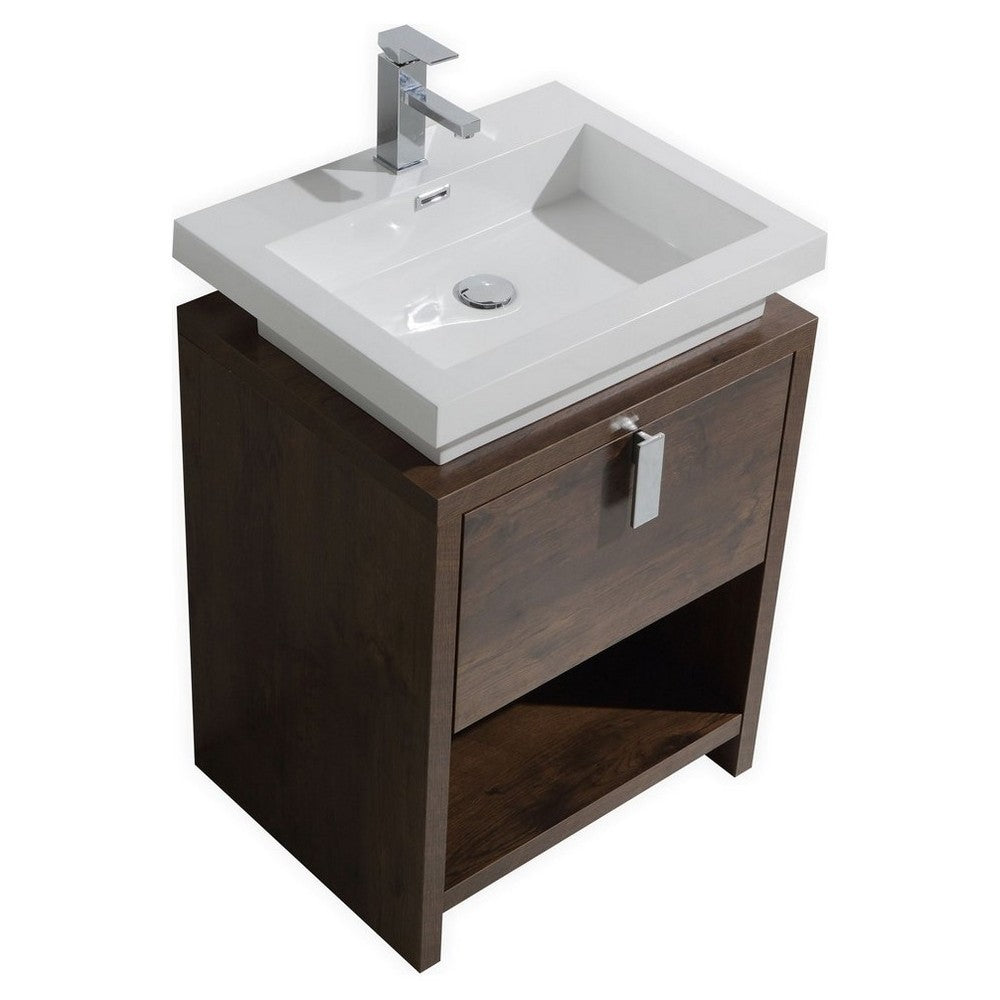 Levi 24" Modern Bathroom Vanity With Cubby Hole, Rose Wood