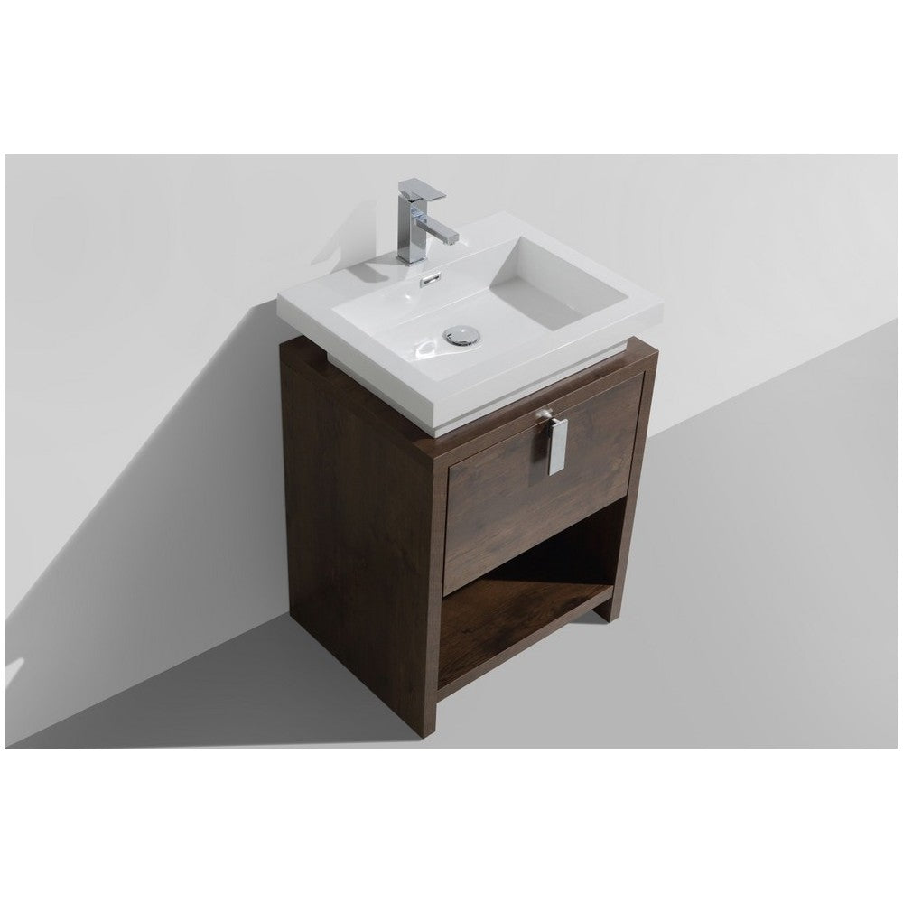 Levi 24" Modern Bathroom Vanity With Cubby Hole, Rose Wood