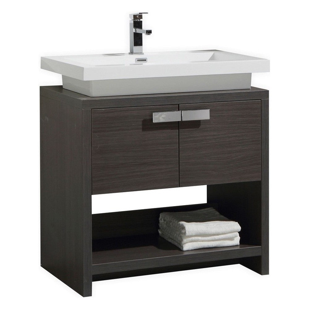 Levi Modern Bathroom Vanity With Cubby Hole, Dark Gray Oak, 32"