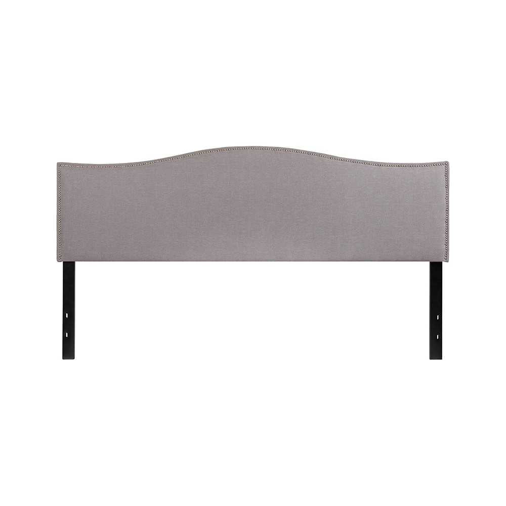 Lexington Upholstered King Size Headboard with Accent Nail Trim in Light Gray Fabric