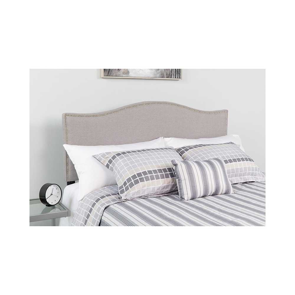 Lexington Upholstered Queen Size Headboard with Accent Nail Trim in Light Gray Fabric