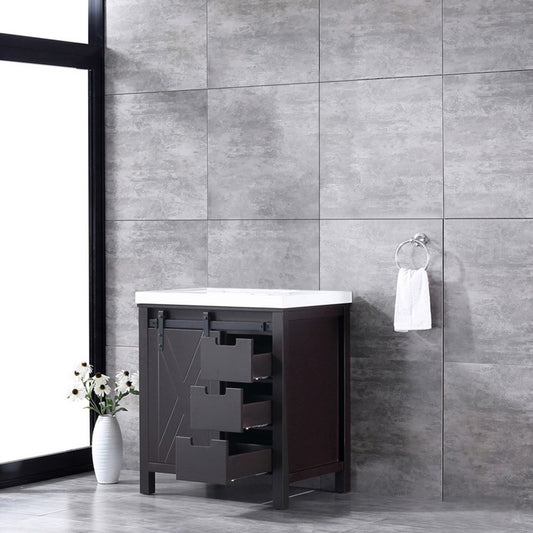 Marsyas 30" Brown Single Vanity, White Quartz Top, White Square Sink and no Mirror, LM342230SCCS000