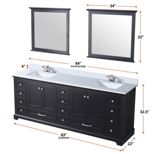 84" Espresso Double Vanity, Quartz Top, Square Sinks, 34" Mirrors With Faucets