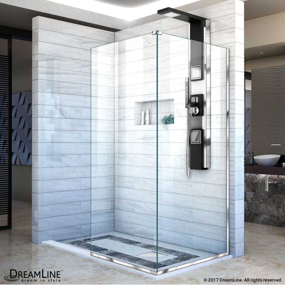 Linea Two Adjacent Frameless Shower Screens 34 in. and 30 in. W x 72 in. H, Open Entry Design in Chrome