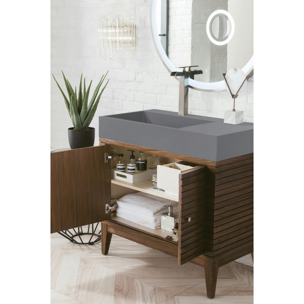 Linear 36" Single Vanity, Mid Century Walnut w/ Dusk Gray Glossy Composite Top