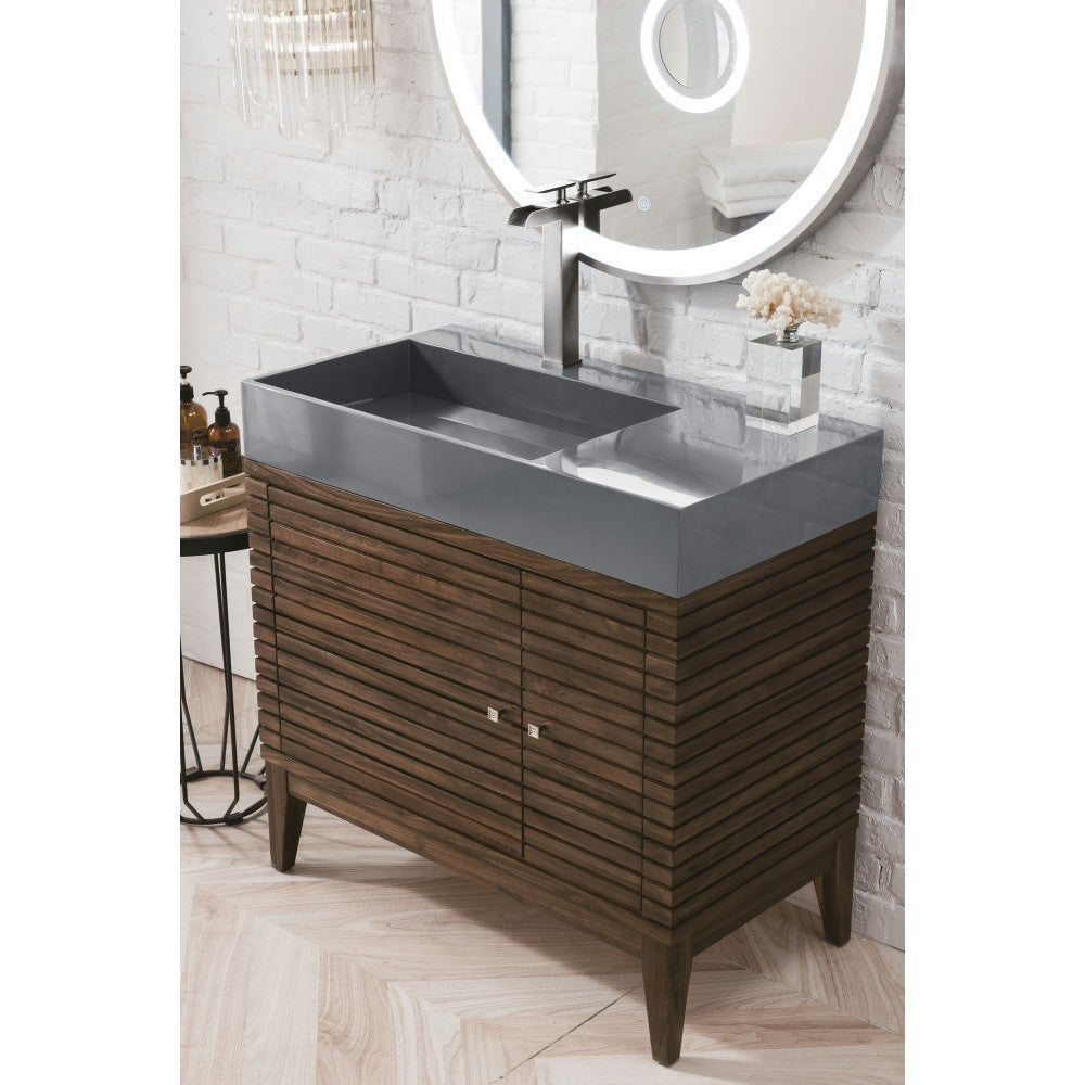 Linear 36" Single Vanity, Mid Century Walnut w/ Dusk Gray Glossy Composite Top