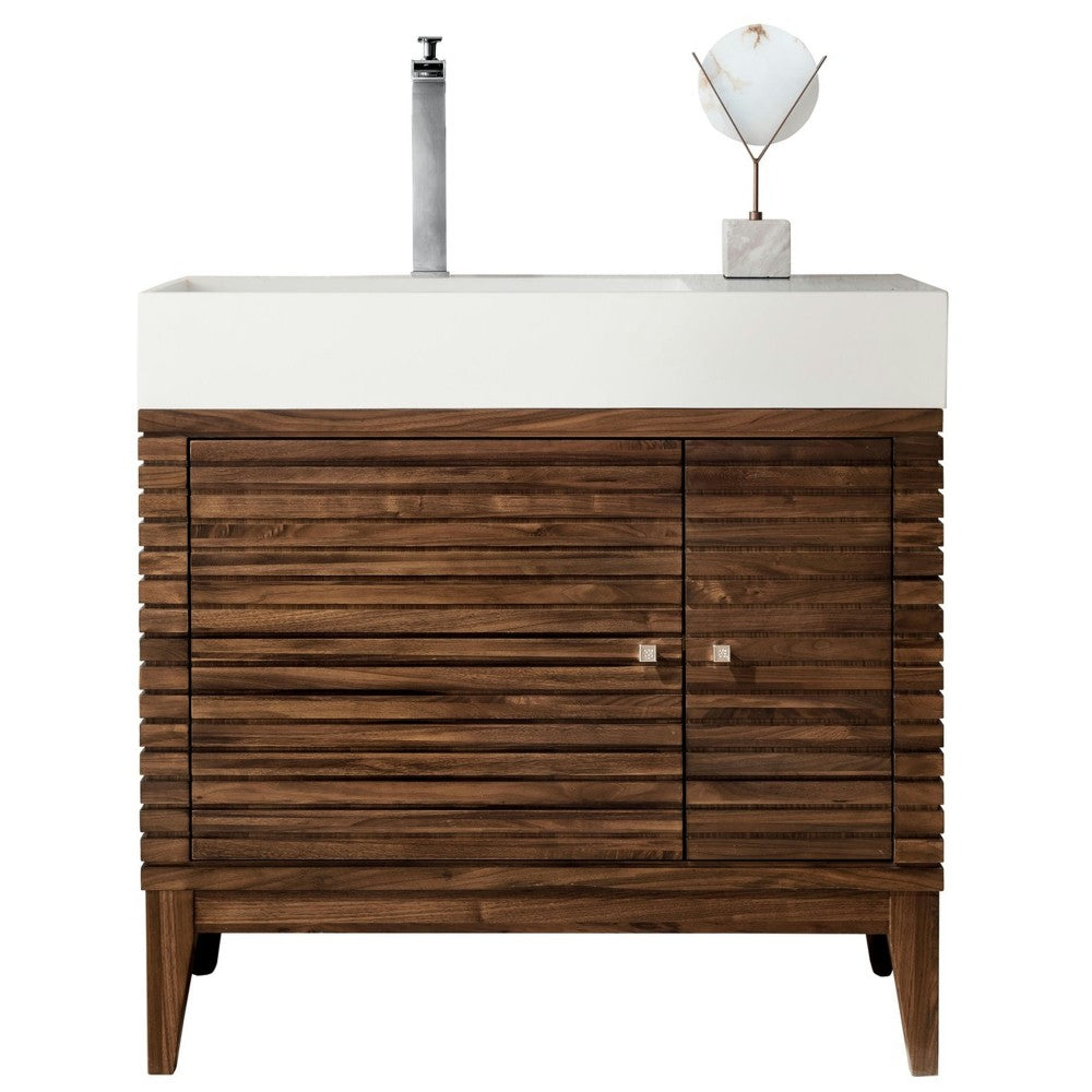 Linear 36" Single Vanity, Mid Century Walnut w/ Glossy White Composite Top