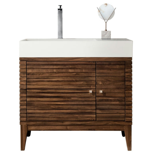 Linear 36" Single Vanity, Mid Century Walnut w/ Glossy White Composite Top