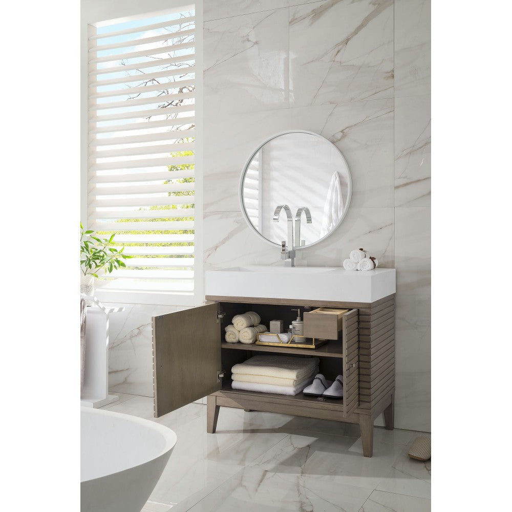 Linear 36" Single Vanity Whitewashed Walnut w/ Glossy White Composite Top