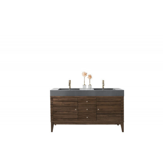Linear 59" Double Vanity, Mid Century Walnut w/ Dusk Gray Glossy Composite Top