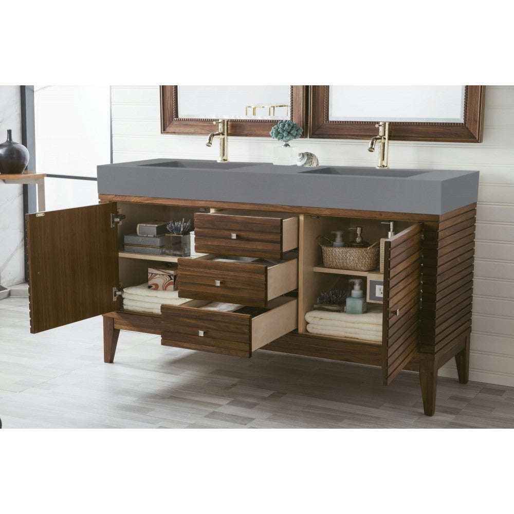 Linear 59" Double Vanity, Mid Century Walnut w/ Dusk Gray Glossy Composite Top