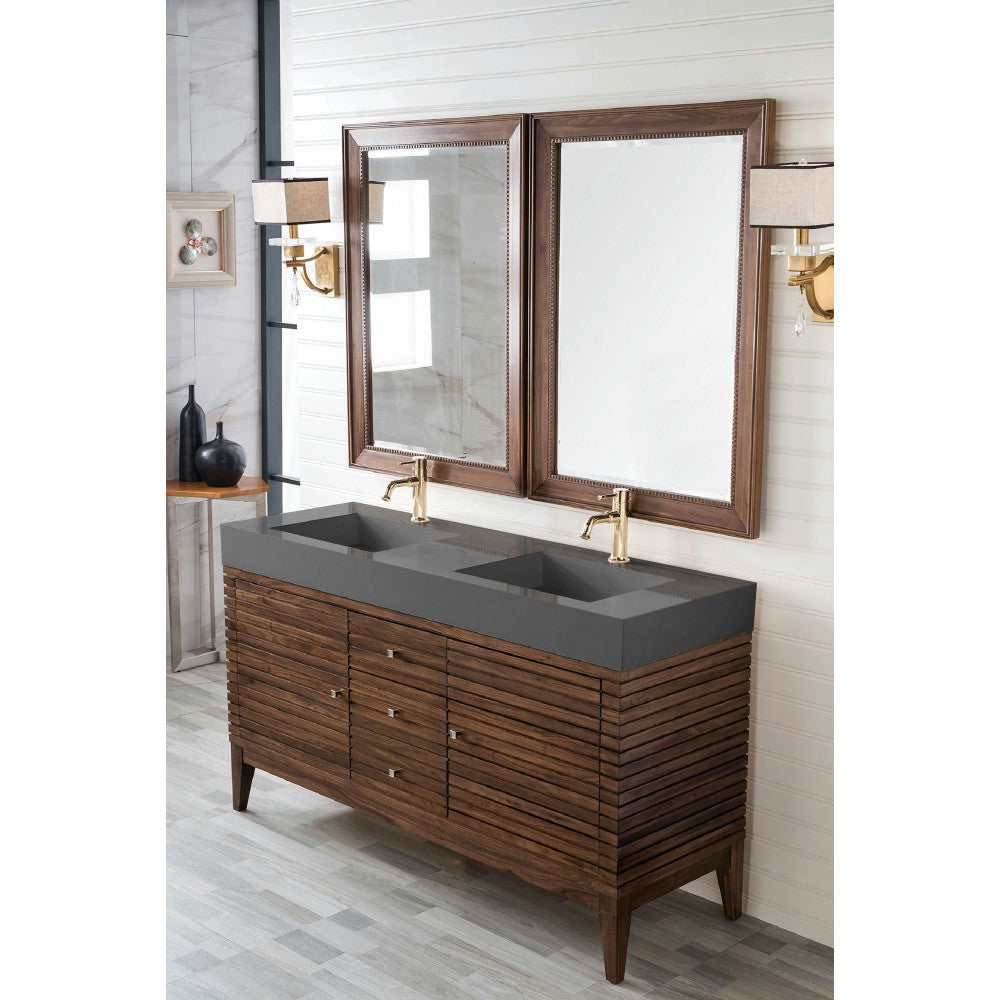 Linear 59" Double Vanity, Mid Century Walnut w/ Dusk Gray Glossy Composite Top