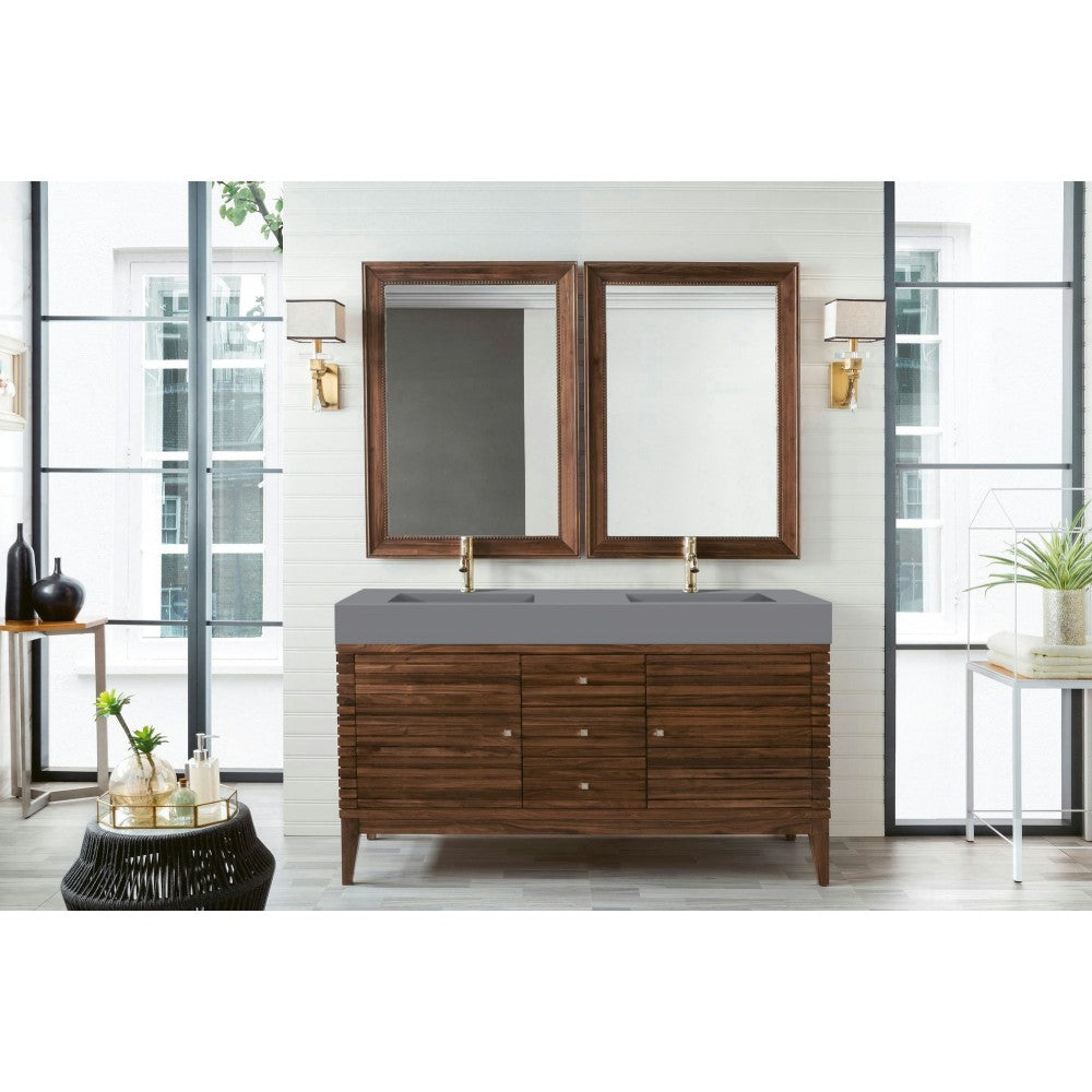 Linear 59" Double Vanity, Mid Century Walnut w/ Dusk Gray Glossy Composite Top