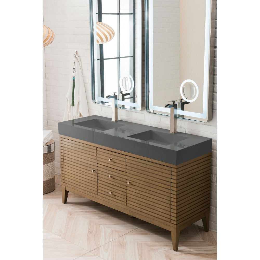 Linear 59" Double Vanity Whitewashed Walnut w/ Dusk Gray Glossy Composite Top