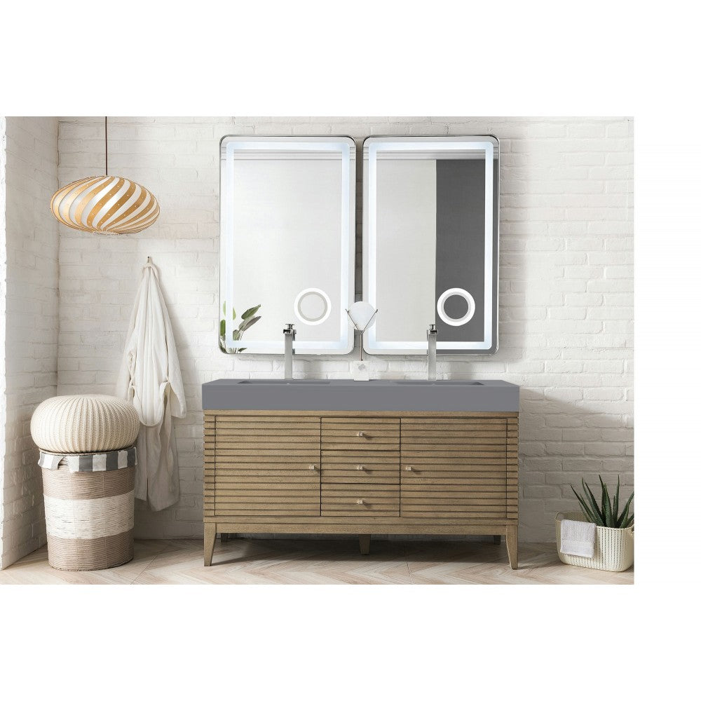 Linear 59" Double Vanity Whitewashed Walnut w/ Dusk Gray Glossy Composite Top