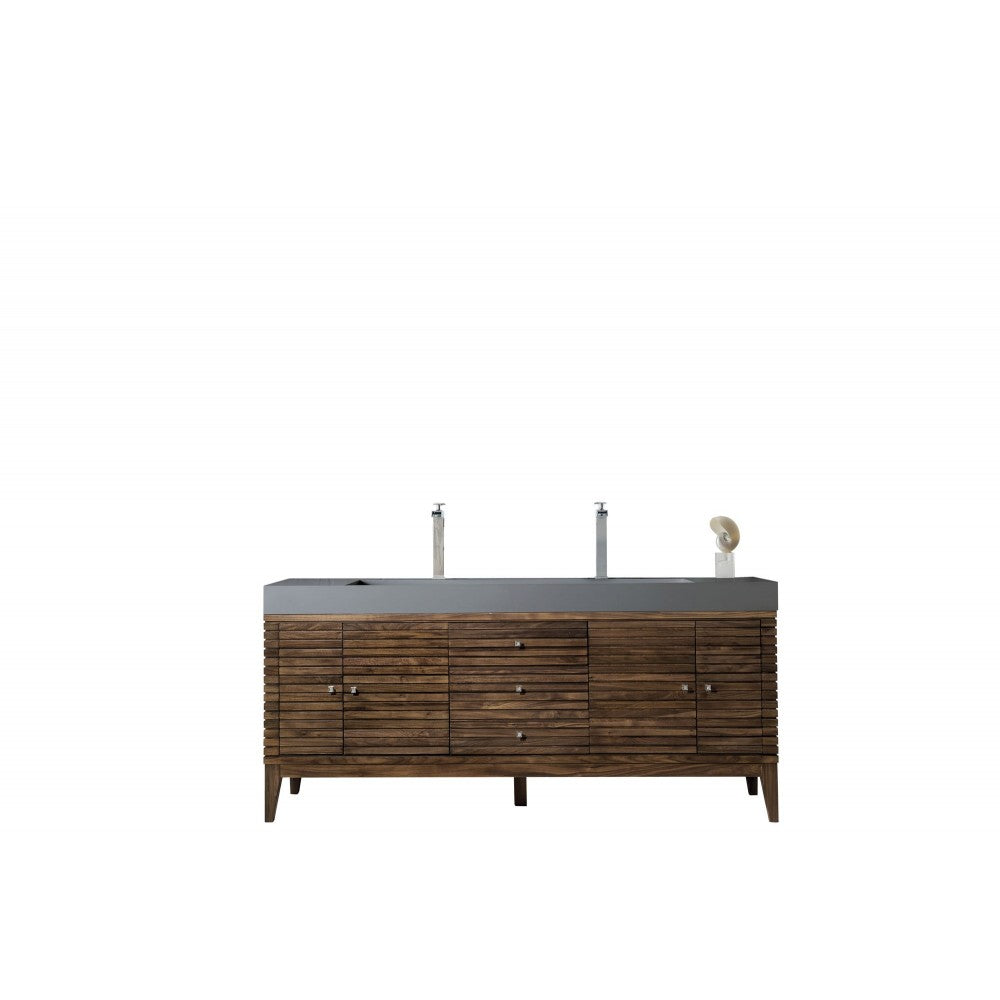 Linear 72" Double Vanity, Mid Century Walnut w/ Dusk Gray Glossy Composite Top