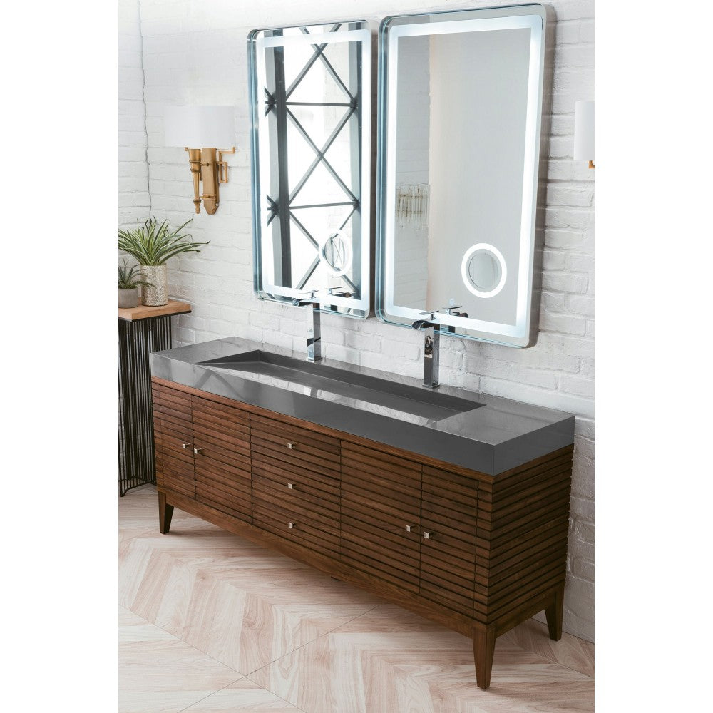 Linear 72" Double Vanity, Mid Century Walnut w/ Dusk Gray Glossy Composite Top