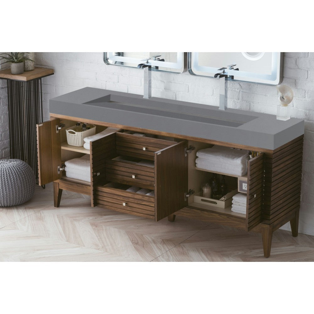 Linear 72" Double Vanity, Mid Century Walnut w/ Dusk Gray Glossy Composite Top