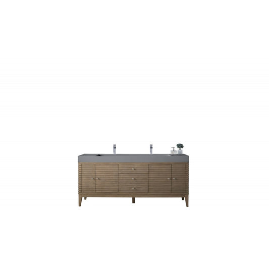 Linear 72" Double Vanity, Whitewashed Walnut w/ Dusk Gray Glossy Composite Top