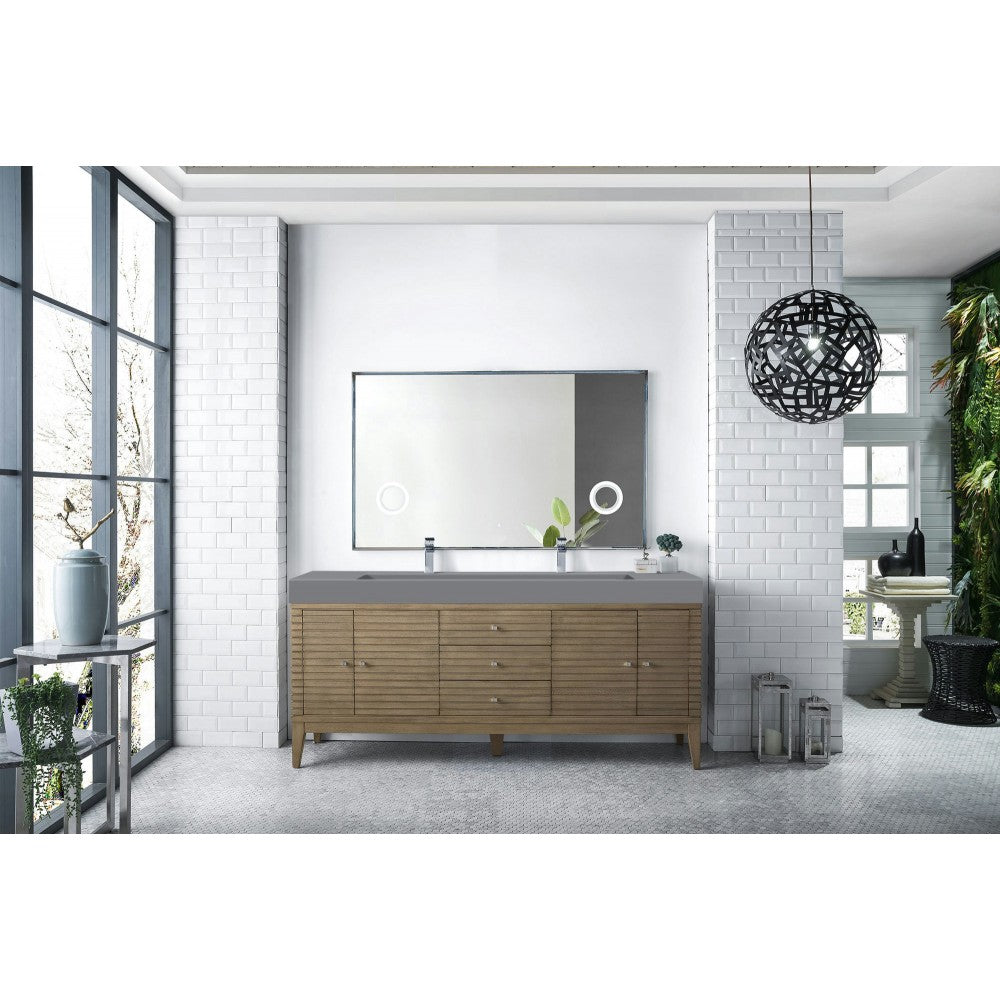 Linear 72" Double Vanity, Whitewashed Walnut w/ Dusk Gray Glossy Composite Top