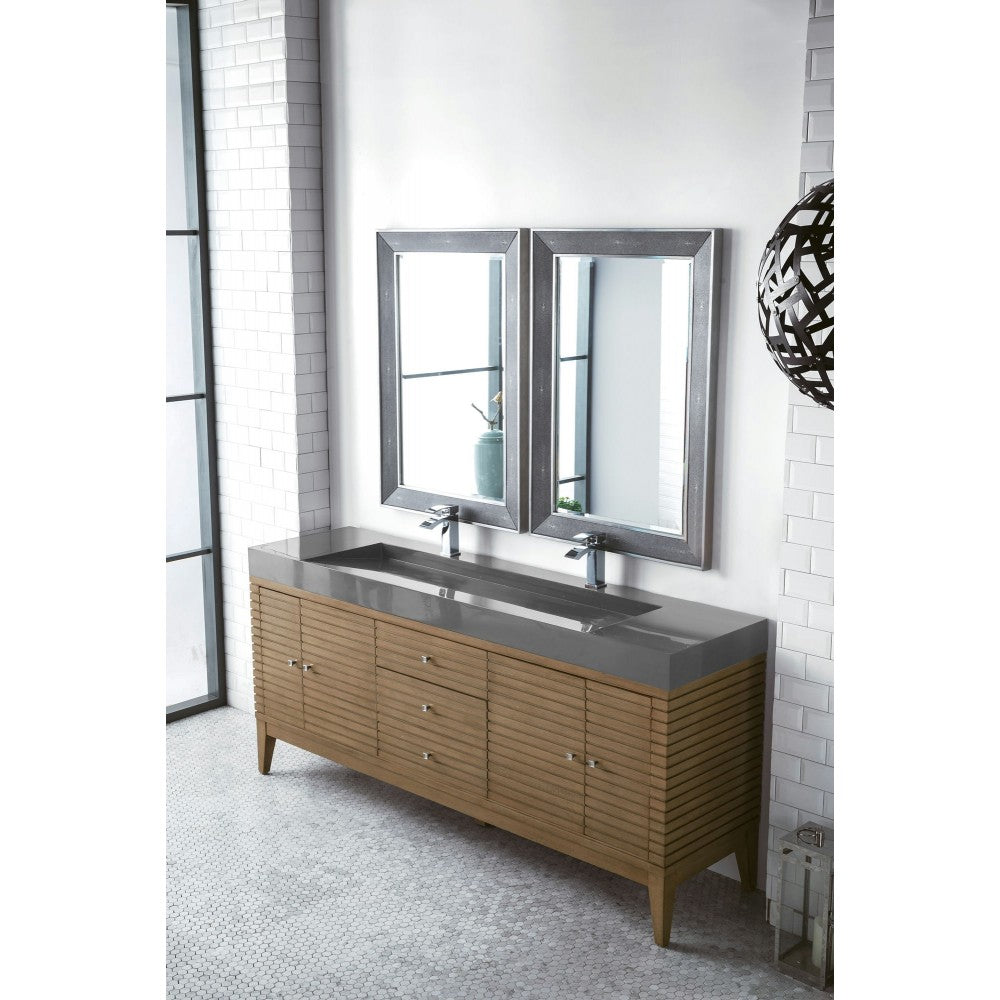 Linear 72" Double Vanity, Whitewashed Walnut w/ Dusk Gray Glossy Composite Top