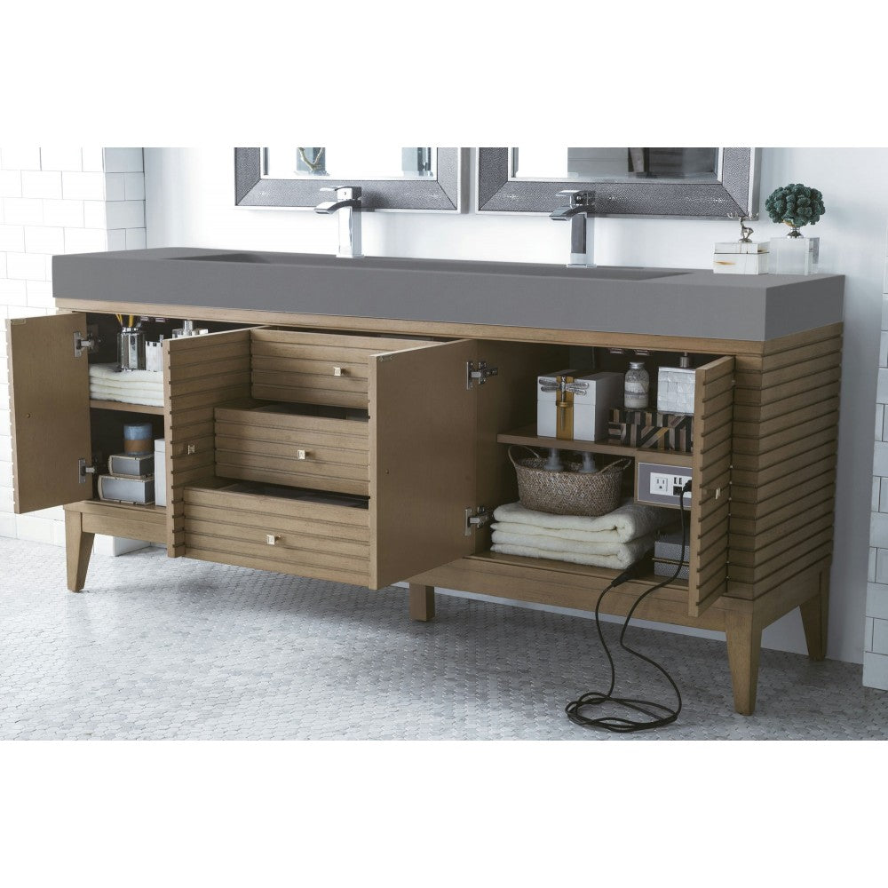 Linear 72" Double Vanity, Whitewashed Walnut w/ Dusk Gray Glossy Composite Top
