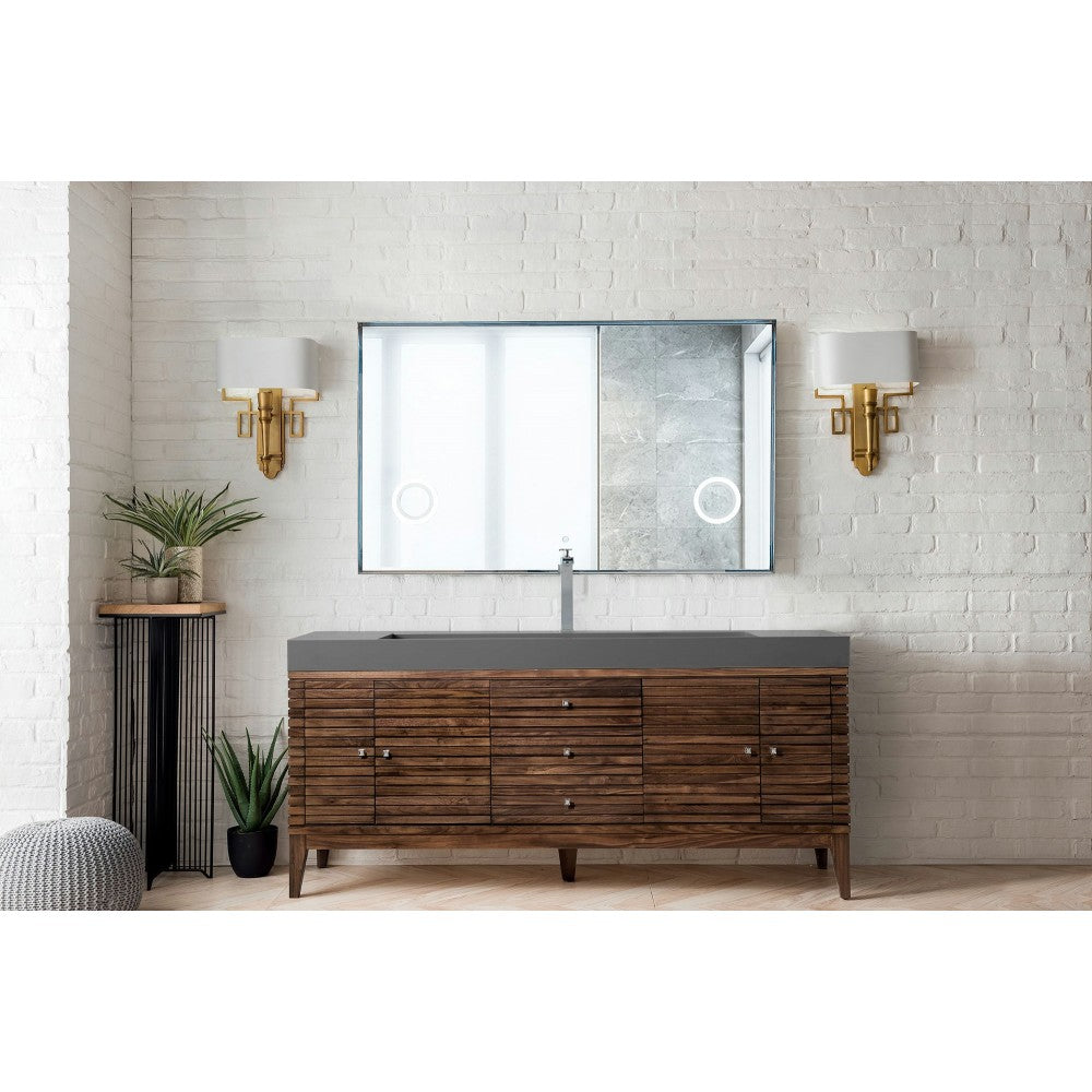 Linear 72" Single Vanity, Mid Century Walnut w/ Dusk Gray Glossy Composite Top
