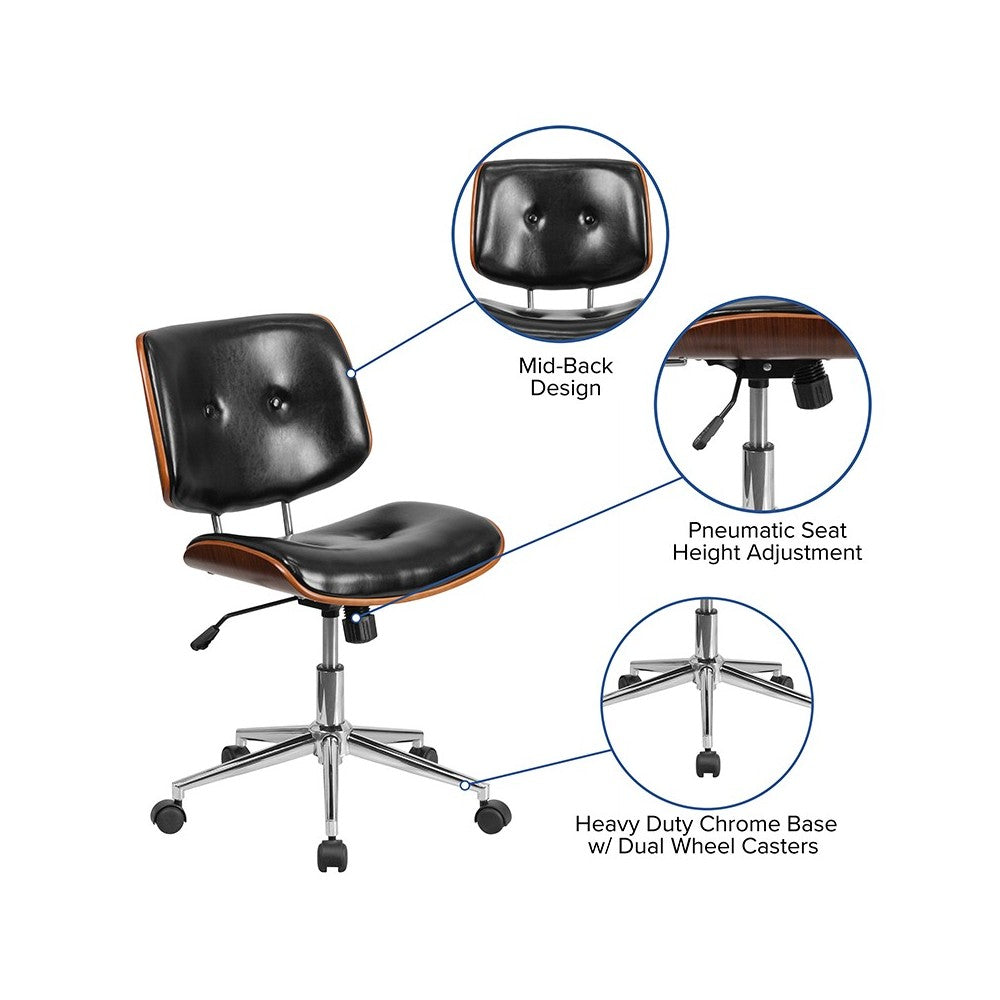 Low Back Black LeatherSoft Ergonomic Wood Swivel Task Office Chair