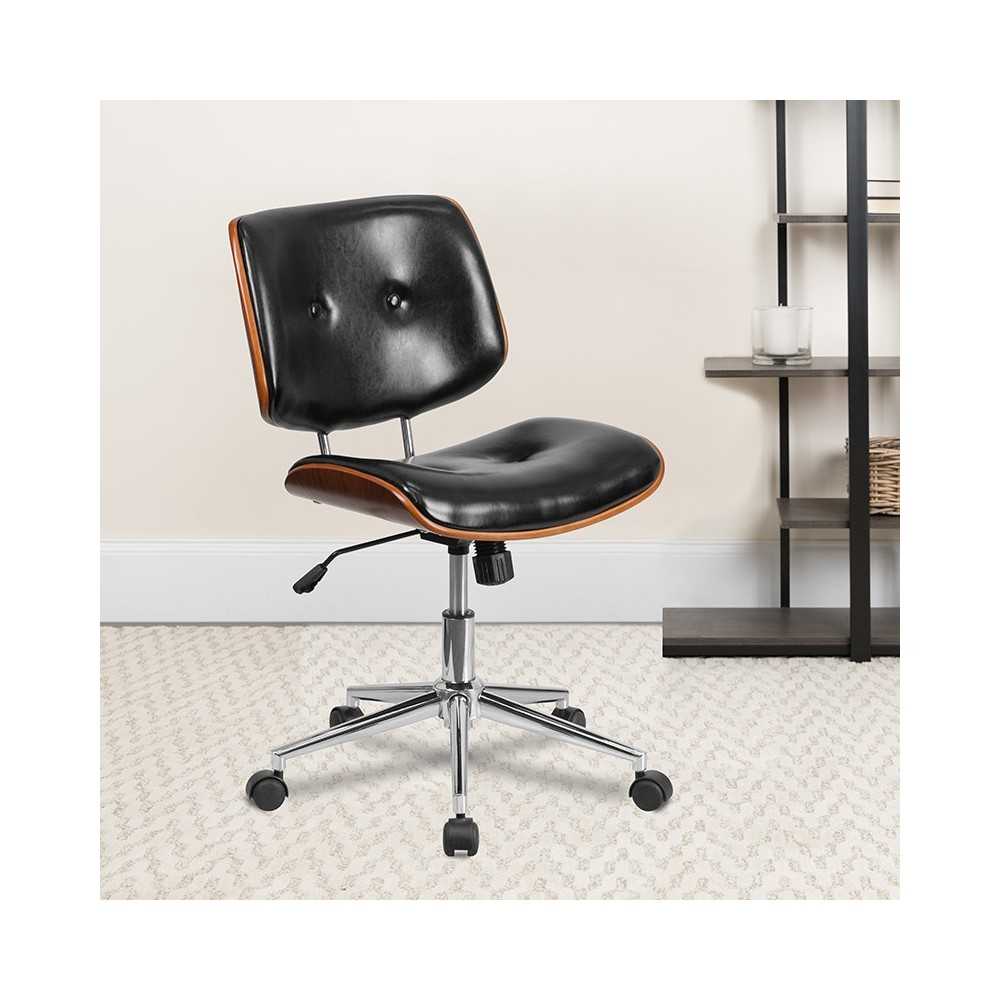 Low Back Black LeatherSoft Ergonomic Wood Swivel Task Office Chair