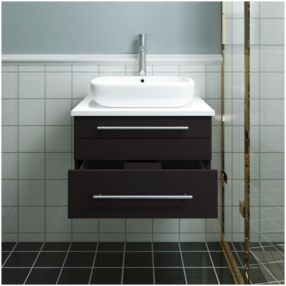Lucera 24" Espresso Wall Hung Modern Bathroom Cabinet w/ Top & Vessel Sink