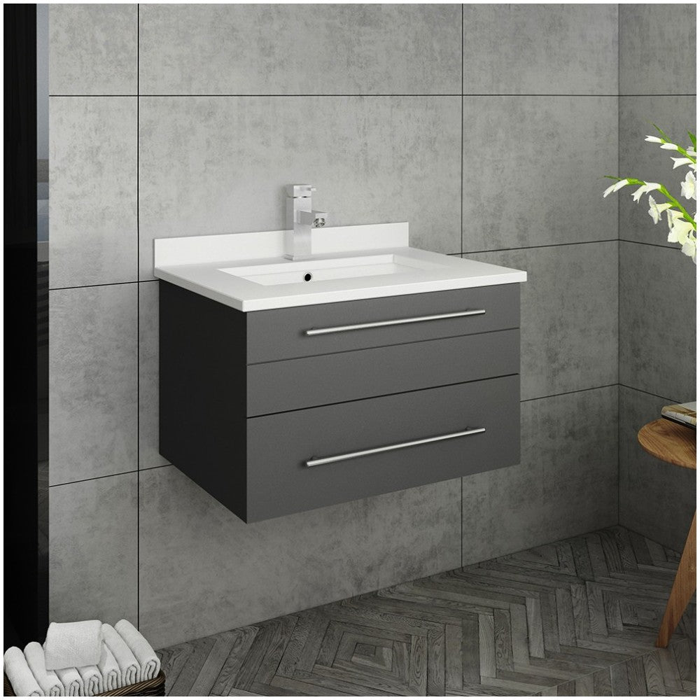 Lucera 24" Gray Wall Hung Modern Bathroom Cabinet w/ Top & Undermount Sink
