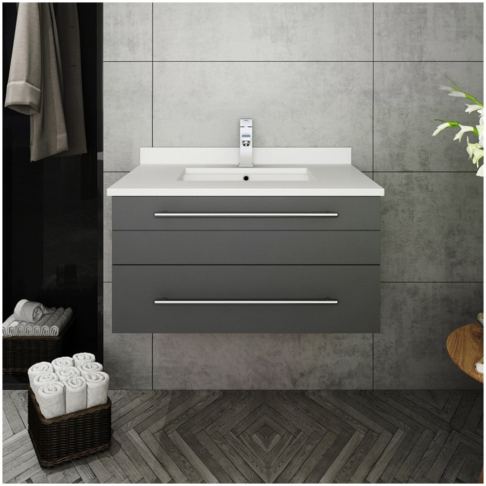 Lucera 30" Gray Wall Hung Modern Bathroom Cabinet w/ Top & Undermount Sink