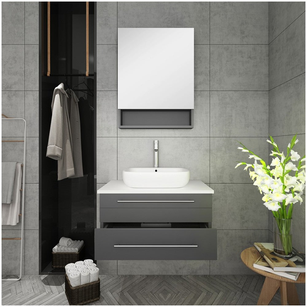 Lucera 30" Gray Wall Hung Vessel Sink Modern Bathroom Vanity w/ Medicine Cabinet