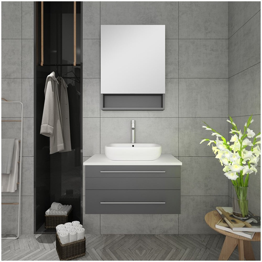 Lucera 30" Gray Wall Hung Vessel Sink Modern Bathroom Vanity w/ Medicine Cabinet