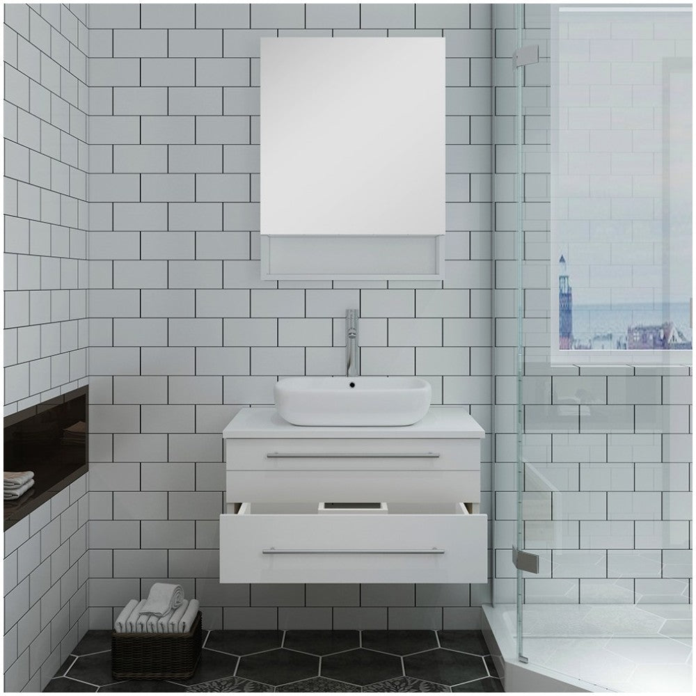 Lucera 30 White Wall Hung Vessel Sink Modern Bathroom Vanity w/ Medicine Cabinet