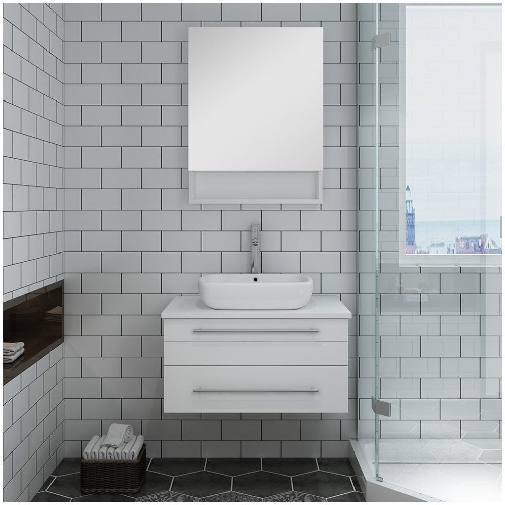 Lucera 30 White Wall Hung Vessel Sink Modern Bathroom Vanity w/ Medicine Cabinet