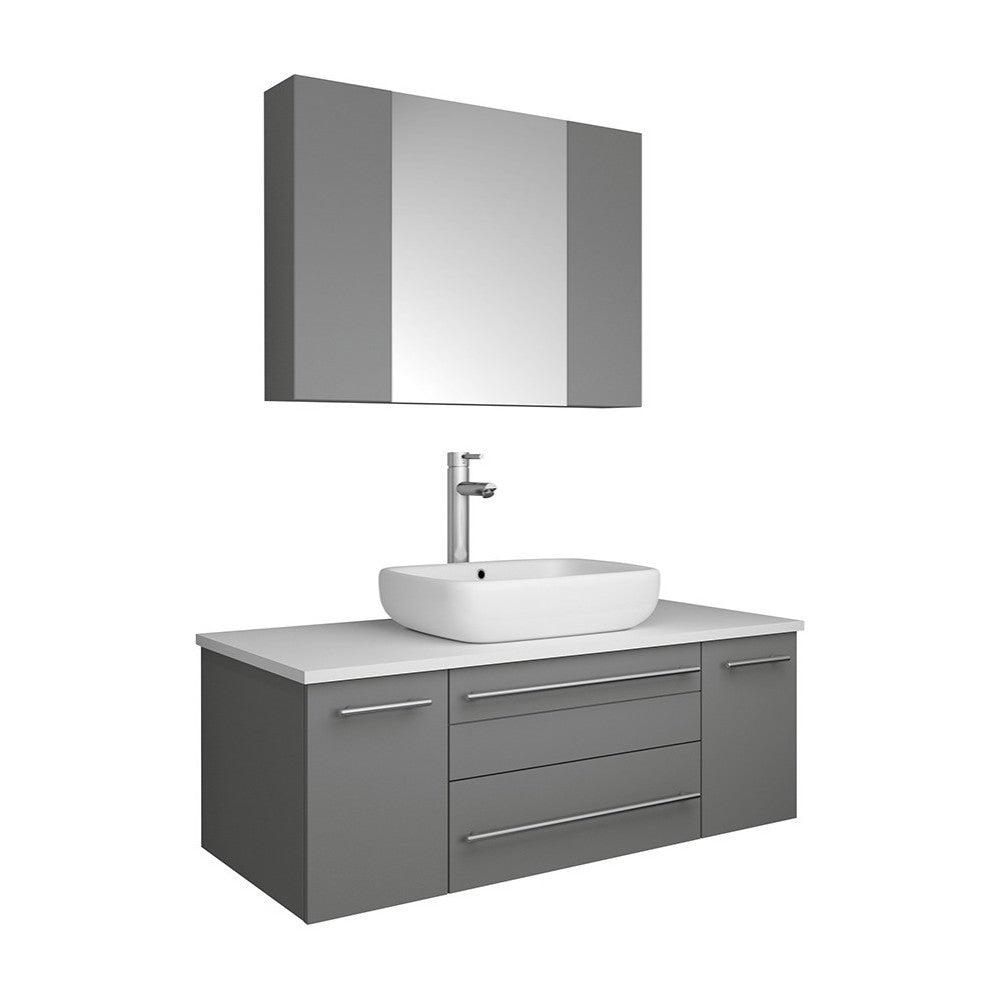 Lucera 42" Gray Wall Hung Vessel Sink Modern Bathroom Vanity w/ Medicine Cabinet