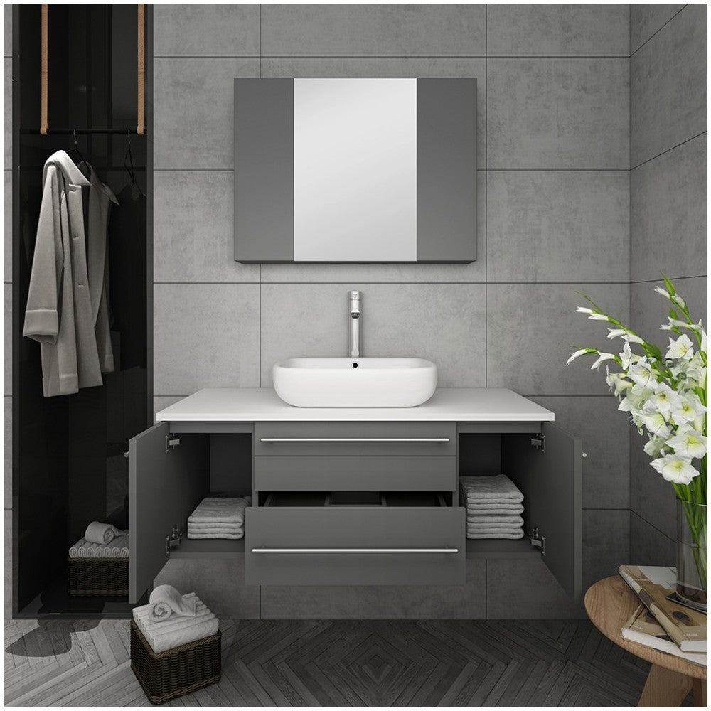 Lucera 42" Gray Wall Hung Vessel Sink Modern Bathroom Vanity w/ Medicine Cabinet