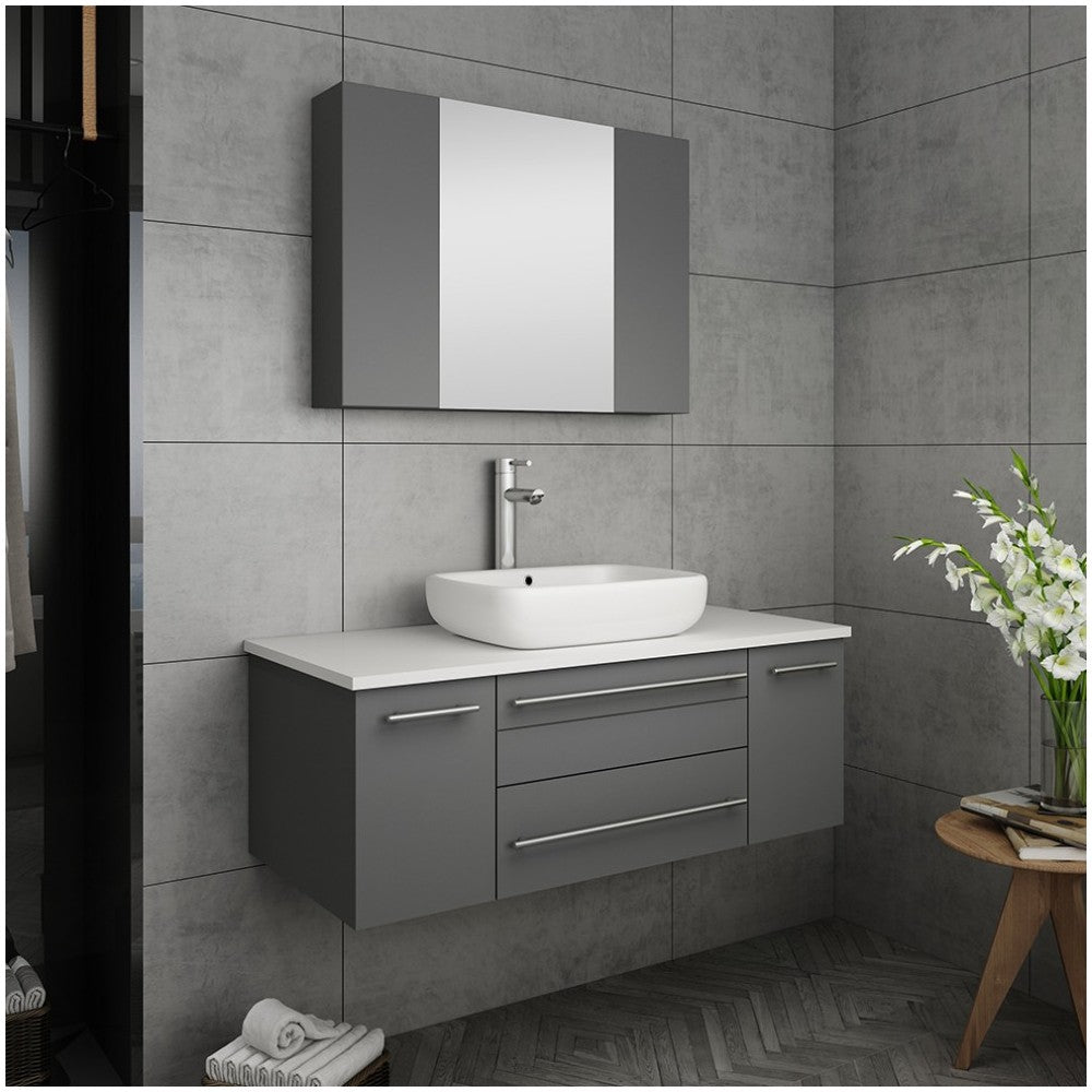 Lucera 42" Gray Wall Hung Vessel Sink Modern Bathroom Vanity w/ Medicine Cabinet