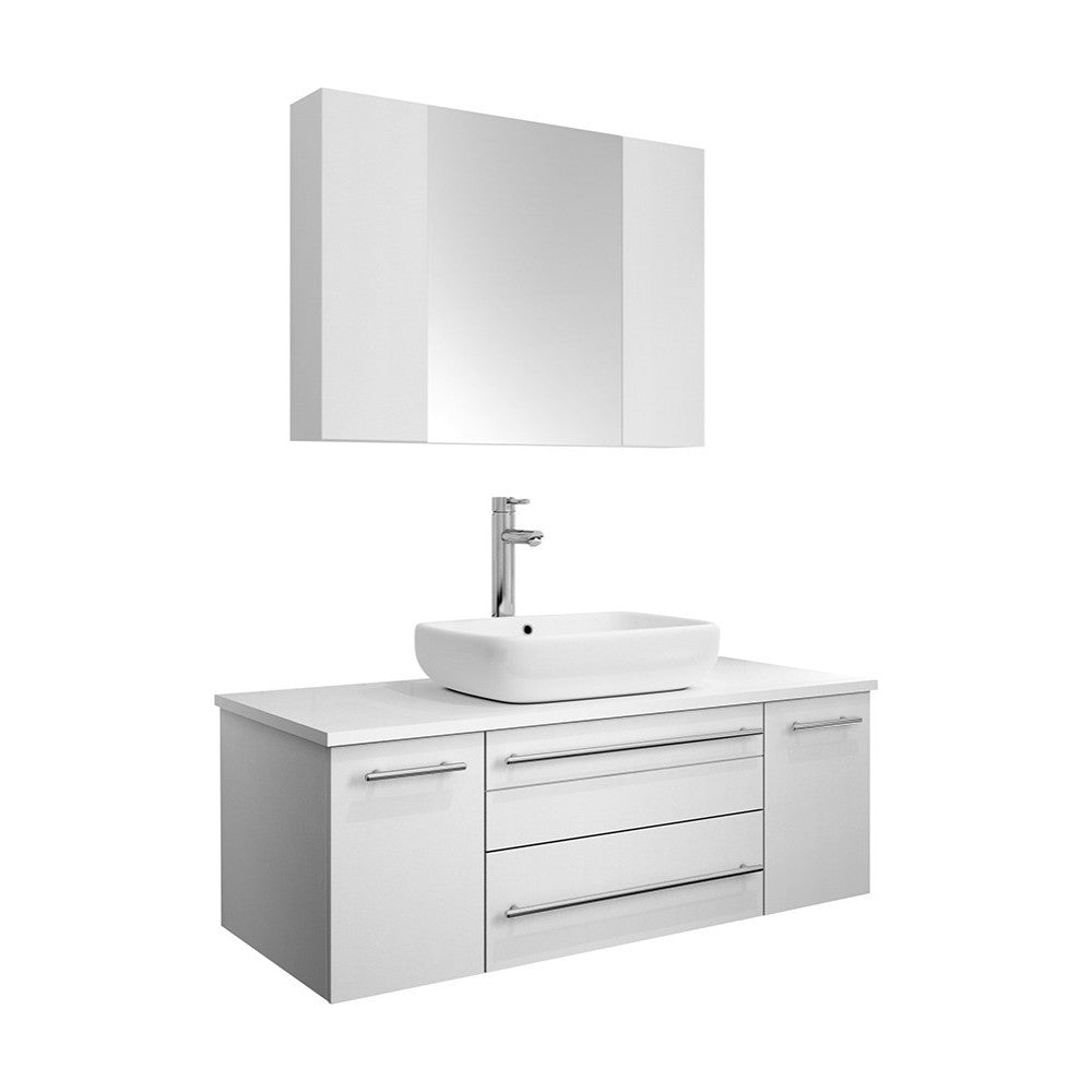 Lucera 42 White Wall Hung Vessel Sink Modern Bathroom Vanity w/ Medicine Cabinet