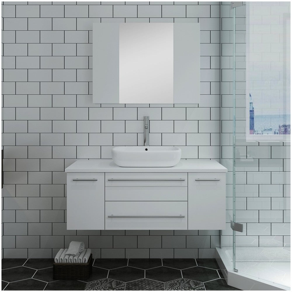 Lucera 42 White Wall Hung Vessel Sink Modern Bathroom Vanity w/ Medicine Cabinet