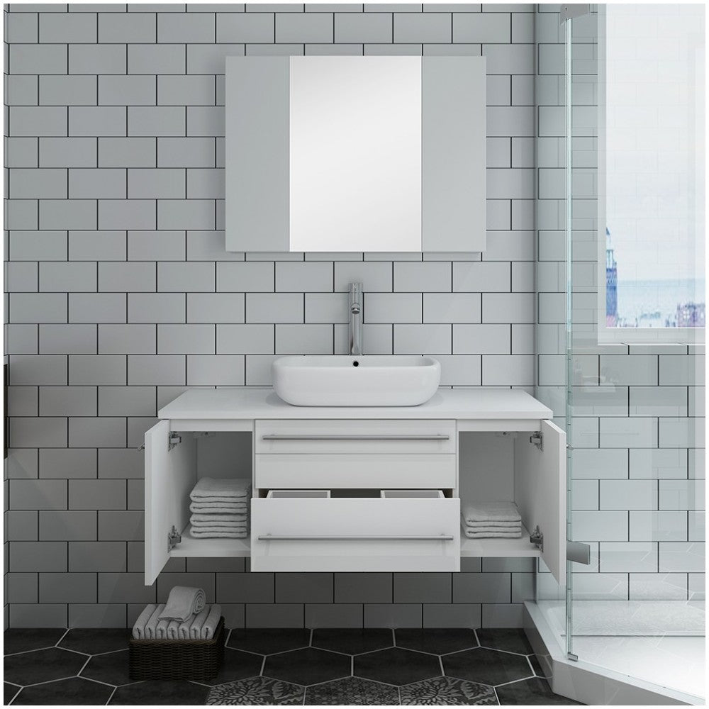 Lucera 42 White Wall Hung Vessel Sink Modern Bathroom Vanity w/ Medicine Cabinet