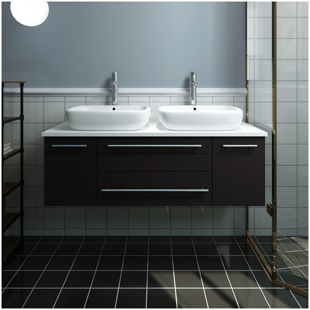 Lucera 48 Espresso Wall Hung Modern Bathroom Cabinet w/ Top, Double Vessel Sinks